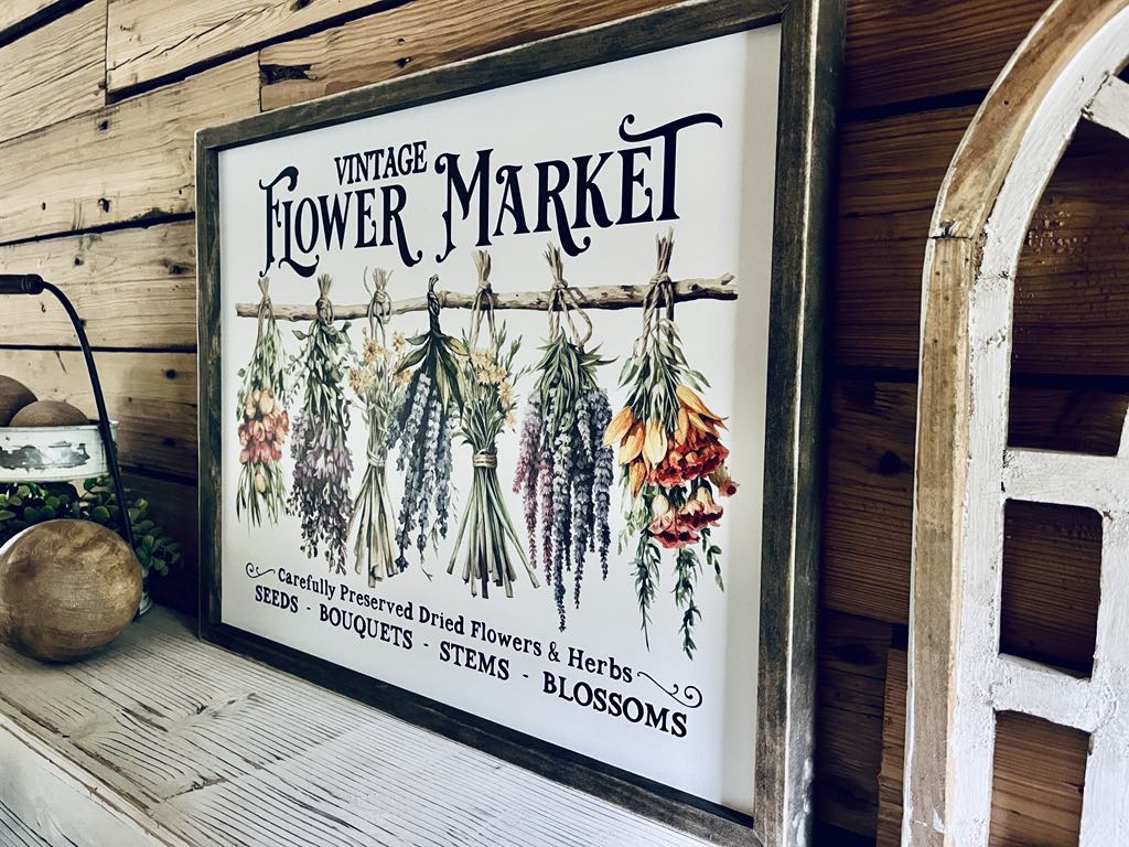 Vintage Flower Market Sign Set – Wildflower Wall Art – Botanical Framed Prints – Garden-Inspired Farmhouse Decor – UV Printed Wood Signs
