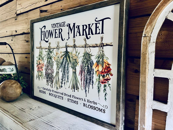 Vintage Flower Market Sign Set – Dried Floral Wall Art – Botanical Farmhouse Decor – Framed Herb Bouquet Prints – Kitchen or Garden Art