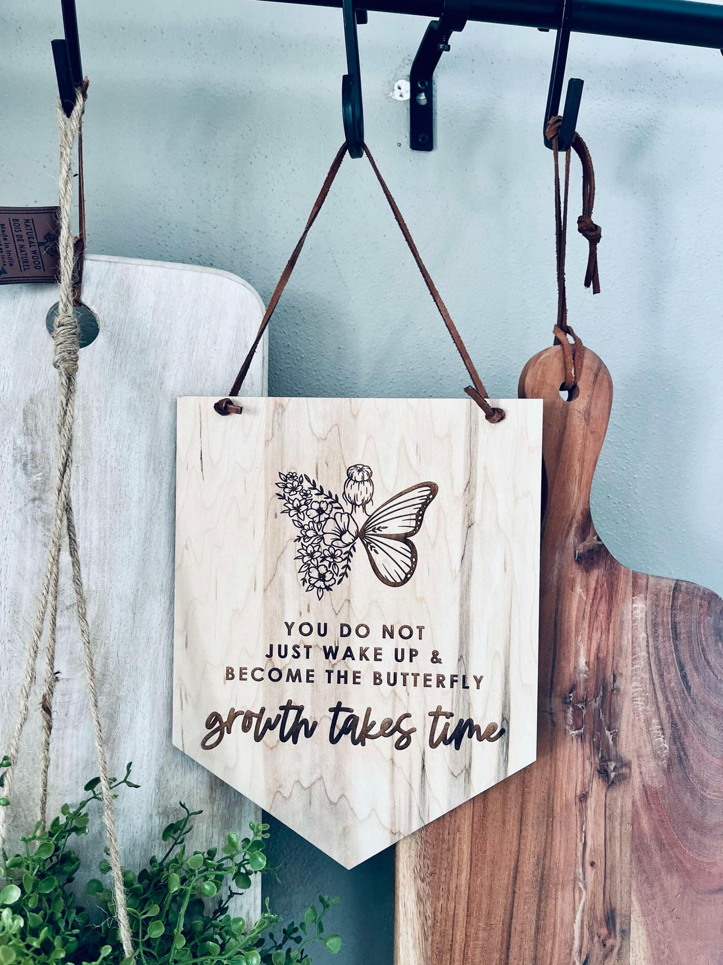 Growth Takes Time" Engraved Maple Wood Sign - Inspirational Wall Decor - Butterfly and Floral Design - Motivational Gift for Home or Office