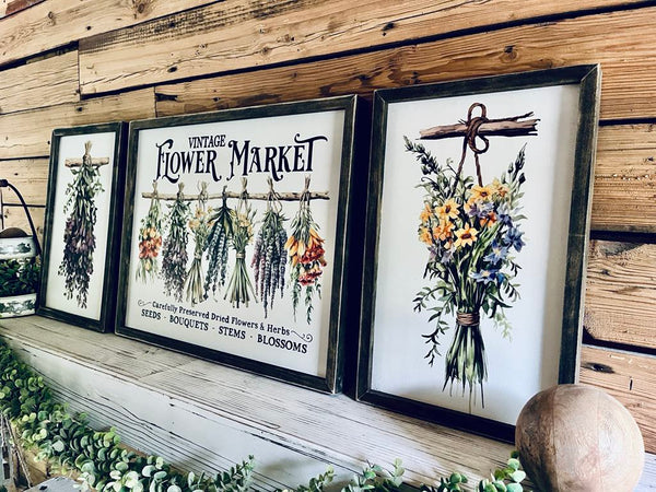 Vintage Flower Market Sign Set – Dried Floral Wall Art – Botanical Farmhouse Decor – Framed Herb Bouquet Prints – Kitchen or Garden Art