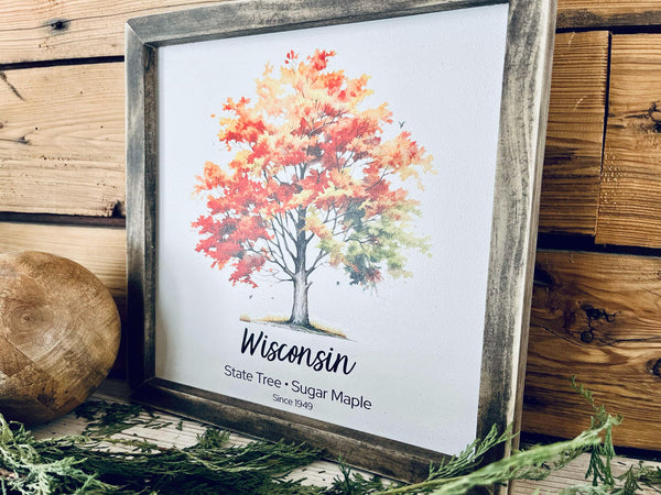 Wisconsin State Tree Sign - Sugar Maple Print - Fall Foliage Wall Art - Framed Nature Decor - Autumn Home Accent