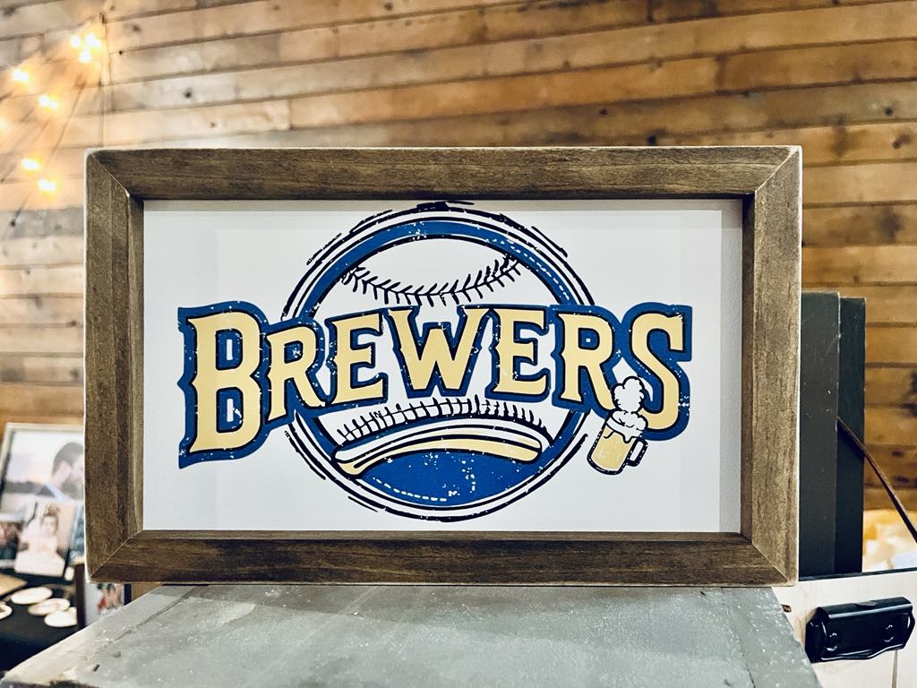 Farmhouse Baseball Wall Art – ‘Brewers’ Sign with Beer Mug and Bat Design, Framed Sports Decor for Man Cave or Game Room, Wisconsin Fan Gift