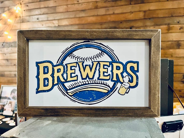 Farmhouse Baseball Wall Art – ‘Brewers’ Sign with Beer Mug and Bat Design, Framed Sports Decor for Man Cave or Game Room, Wisconsin Fan Gift