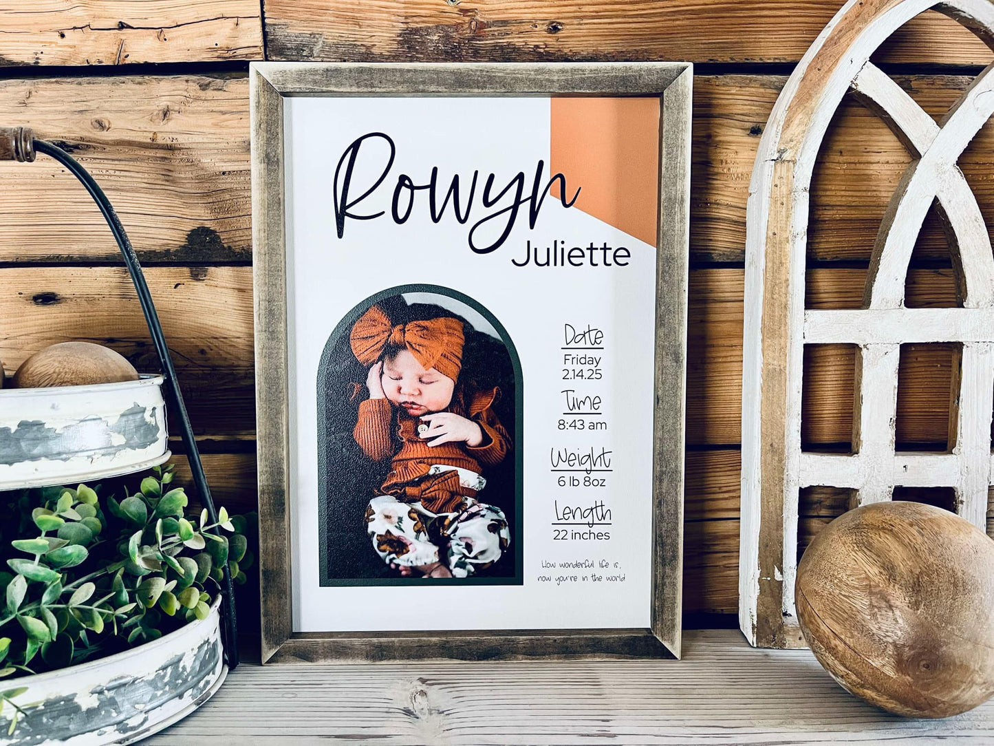 Framed 12x16 newborn photo printed on wood with birth statistics
