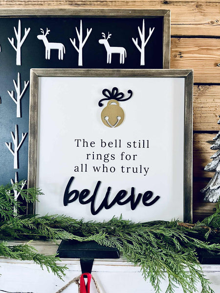 Farmhouse Christmas Believe Sign with Jingle Bell – Holiday Mantel & Wall Decor