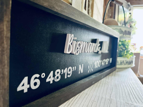 Custom City Coordinate Sign | Personalized Latitude & Longitude Sign | Raised Lettering & UV Printed Coordinates | Framed Wooden Sign | Farmhouse Home Decor