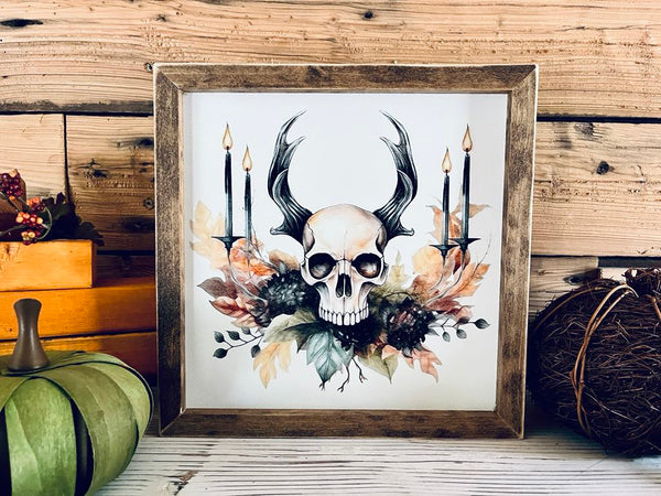 Skull Halloween Wall Art | Framed Fall Gothic Decor | UV Printed Skull and Candle Sign | Spooky Autumn Home Accent | 12x12 Print