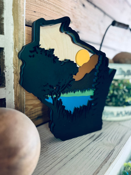 Layered Wisconsin Lake Cutout | Rustic WI Home Decor