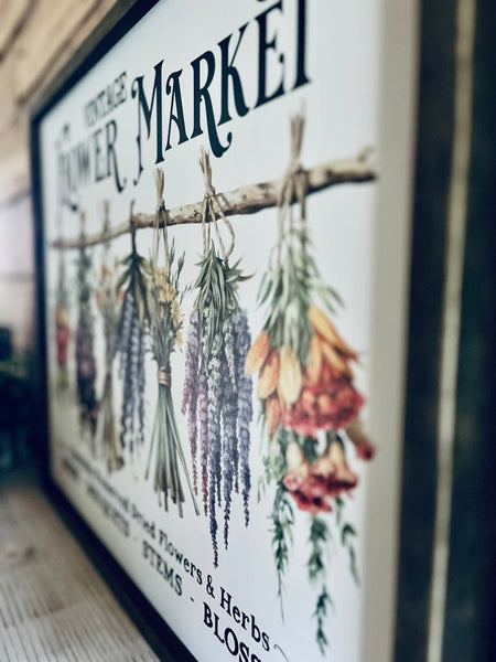 Vintage Flower Market Sign Set – Dried Floral Wall Art – Botanical Farmhouse Decor – Framed Herb Bouquet Prints – Kitchen or Garden Art