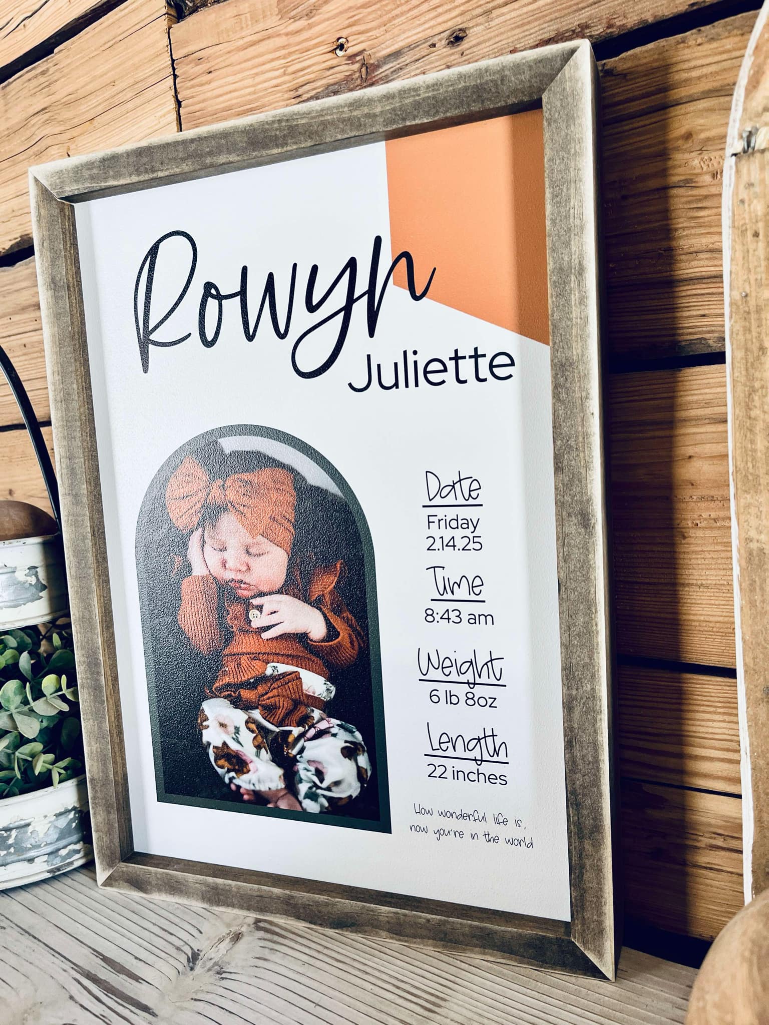 Framed 12x16 newborn photo printed on wood with birth statistics