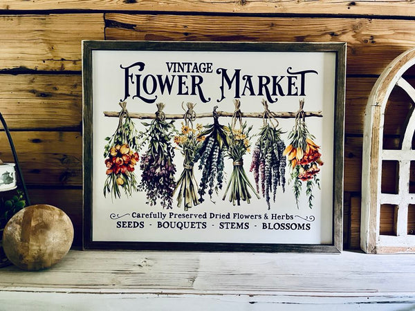 Vintage Flower Market Sign Set – Dried Floral Wall Art – Botanical Farmhouse Decor – Framed Herb Bouquet Prints – Kitchen or Garden Art