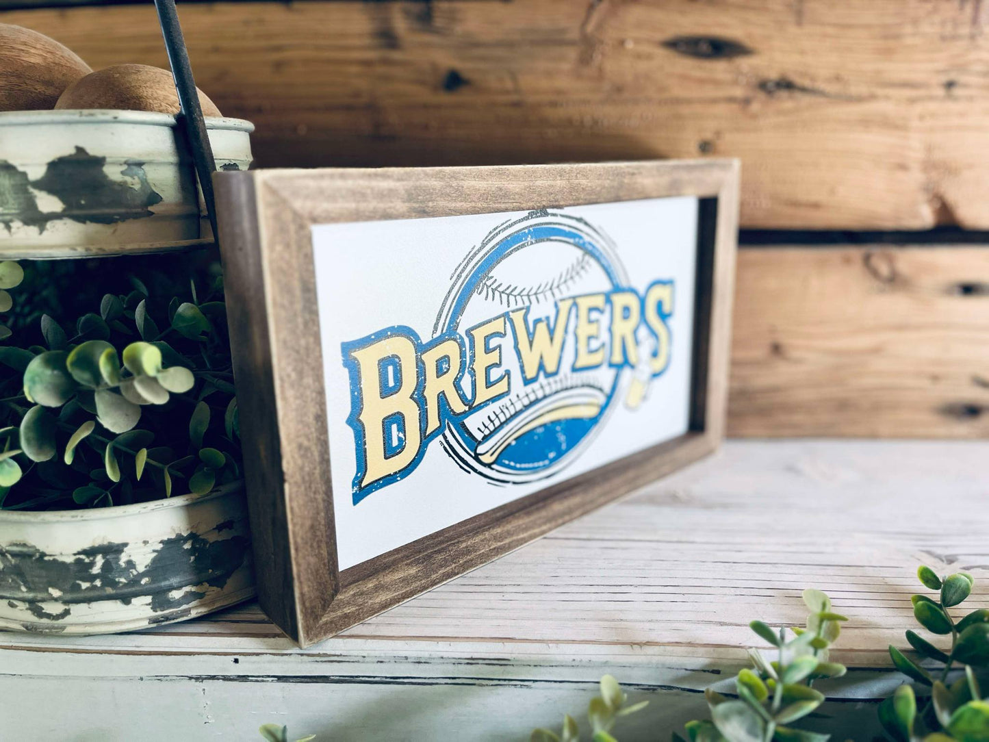 Farmhouse Baseball Wall Art – ‘Brewers’ Sign with Beer Mug and Bat Design, Framed Sports Decor for Man Cave or Game Room, Wisconsin Fan Gift