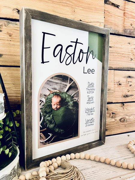 Personalized Birth Stats Framed Wood Print – Custom Newborn Photo Keepsake