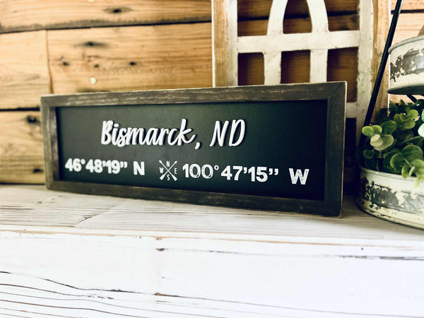 Custom City Coordinate Sign | Personalized Latitude & Longitude Sign | Raised Lettering & UV Printed Coordinates | Framed Wooden Sign | Farmhouse Home Decor