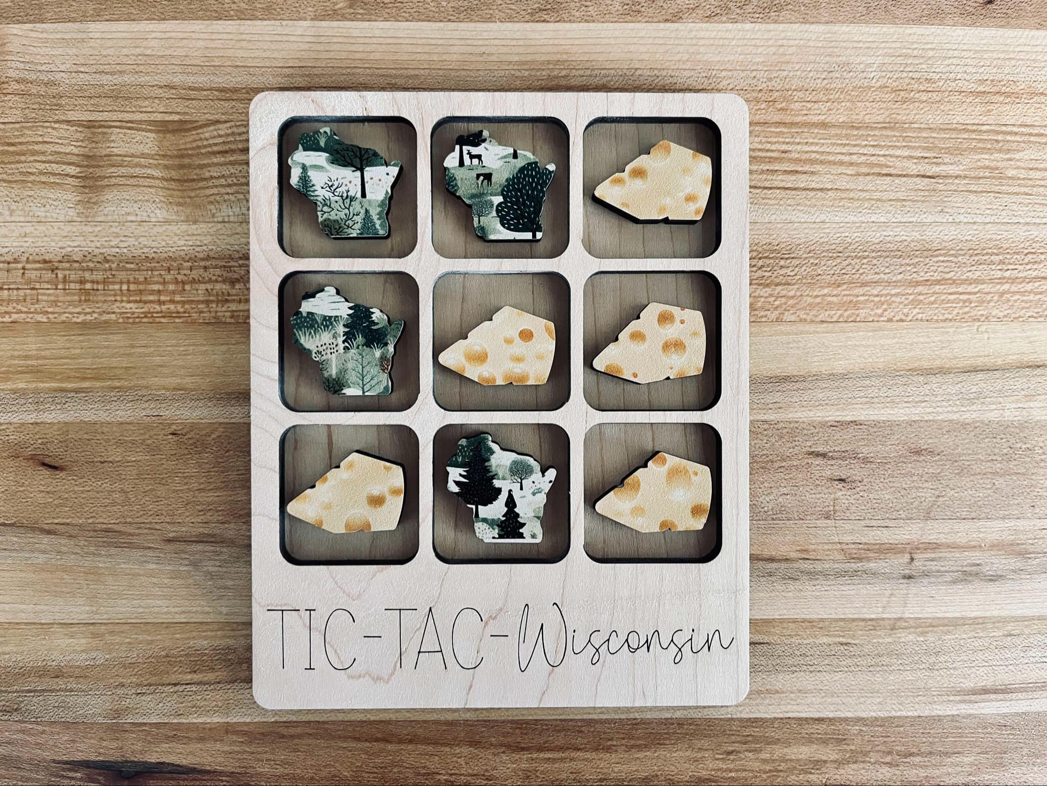 Wisconsin-Themed Tic Tac Toe Travel Game – Laser Cut Wood with Cheese & Forest Print Pieces