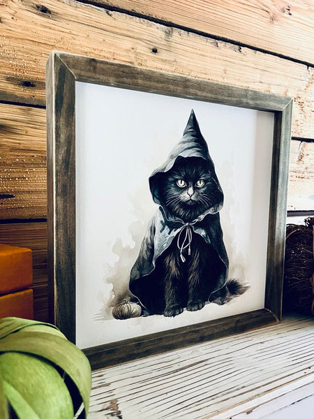 Framed Halloween Black Cat Sign | Witchy Fall Decor | UV Printed Spooky Cat Wall Art | Farmhouse Halloween Sign | 12x12 Print