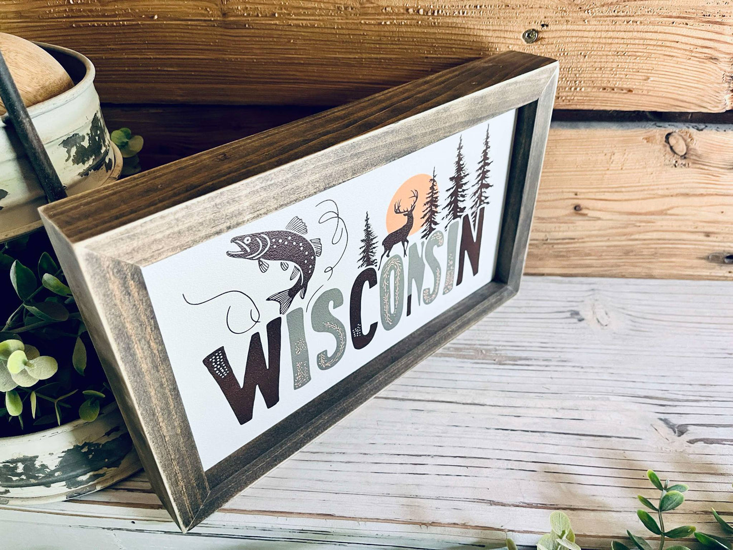 Wisconsin Farmhouse Framed Wood Sign – Deer, Fish & Pine Tree Design – Cabin Wall Art, Lake House Decor, Nature Lover Gift