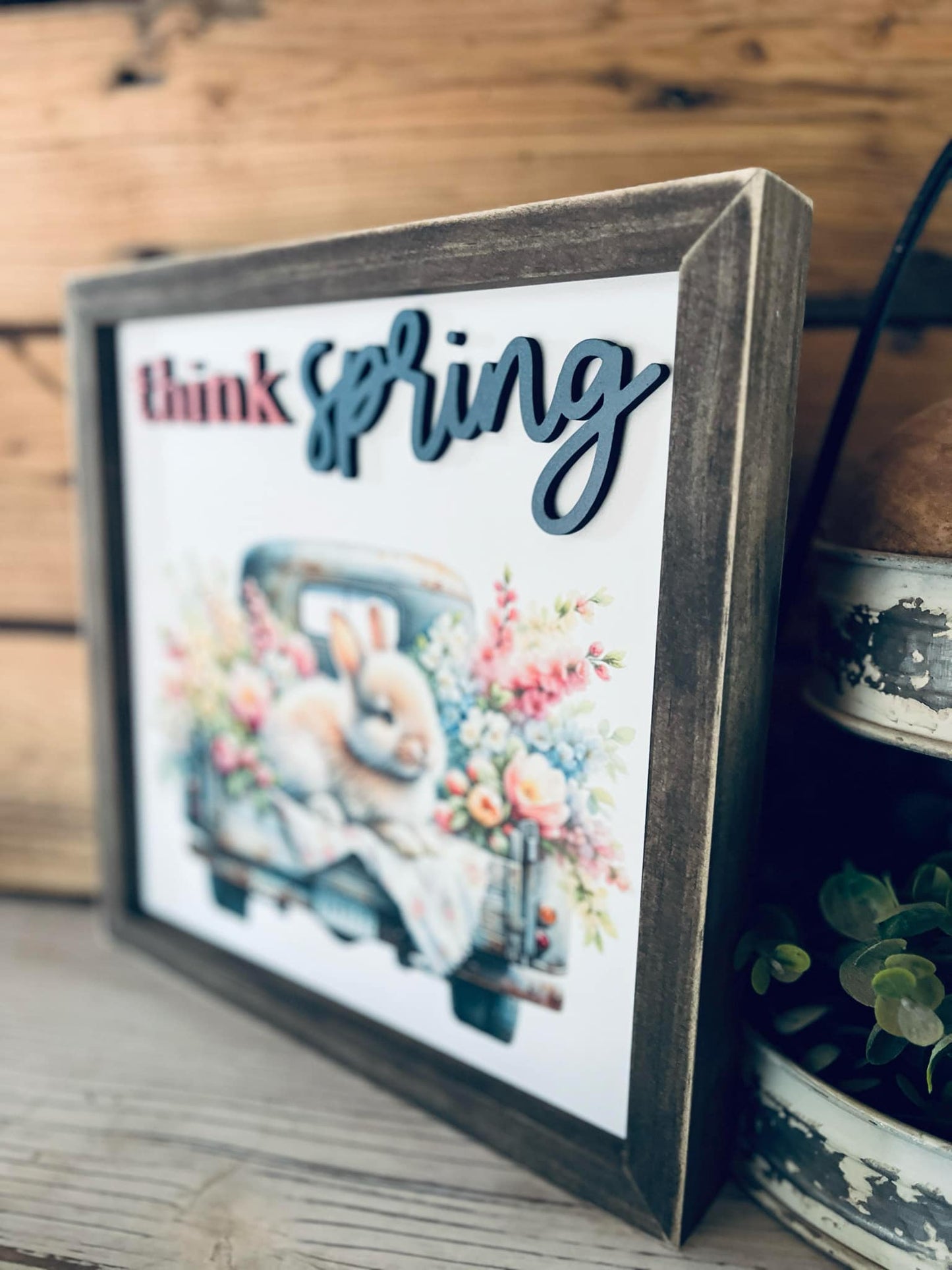 Think Spring Farmhouse Chic Sign - UV Printed Bunny & Truck with Laser-Cut Raised Lettering - Wooden Spring Decor