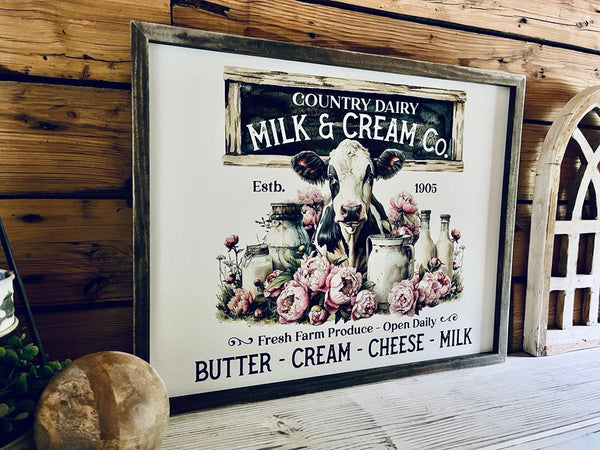 Vintage Country Dairy Cow Farmhouse Sign | Milk and Cream Co Kitchen Wall Art | Rustic Barn Decor with Flowers and Cow | Butter Cream Cheese Milk