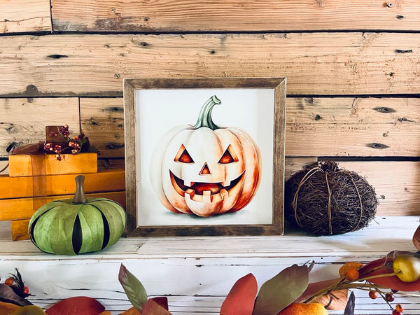 Framed Halloween Jack-o'-Lantern Sign | UV Printed Pumpkin Wall Art | Fall Holiday Decor | Rustic Farmhouse Halloween Sign | 12x12