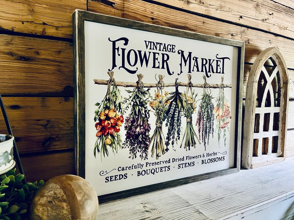 Vintage Flower Market Sign Set – Dried Floral Wall Art – Botanical Farmhouse Decor – Framed Herb Bouquet Prints – Kitchen or Garden Art