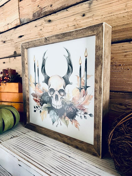 Skull Halloween Wall Art | Framed Fall Gothic Decor | UV Printed Skull and Candle Sign | Spooky Autumn Home Accent | 12x12 Print