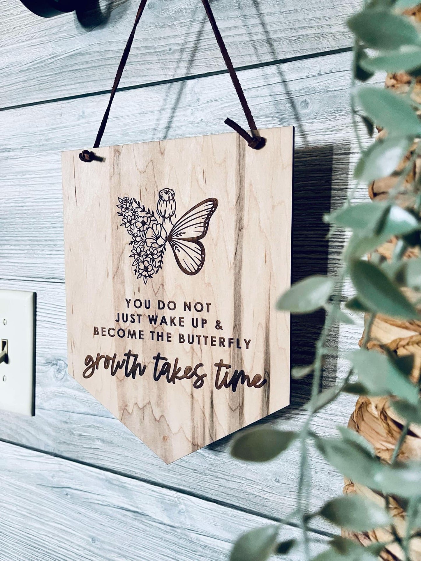 Growth Takes Time" Engraved Maple Wood Sign - Inspirational Wall Decor - Butterfly and Floral Design - Motivational Gift for Home or Office