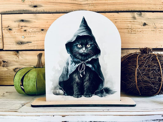Black Cat Halloween Shelf Sitter | Witch Cat Wood Sign | Spooky Fall Decor | Gothic Cat Art | UV Printed Halloween Decoration