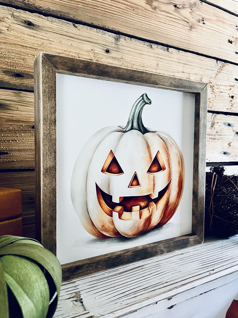 Framed Halloween Jack-o'-Lantern Sign | UV Printed Pumpkin Wall Art | Fall Holiday Decor | Rustic Farmhouse Halloween Sign | 12x12