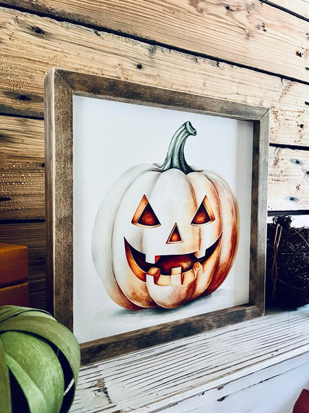 Framed Halloween Jack-o'-Lantern Sign | UV Printed Pumpkin Wall Art | Fall Holiday Decor | Rustic Farmhouse Halloween Sign | 12x12