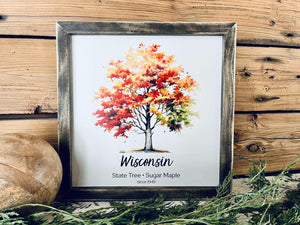 Wisconsin State Tree Sign - Sugar Maple Print - Fall Foliage Wall Art - Framed Nature Decor - Autumn Home Accent