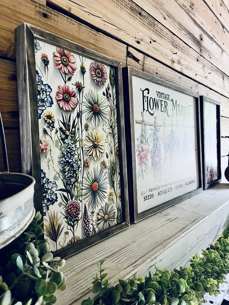Vintage Flower Market Sign Set – Wildflower Wall Art – Botanical Framed Prints – Garden-Inspired Farmhouse Decor – UV Printed Wood Signs