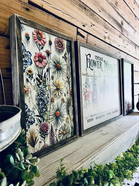 Vintage Flower Market Sign Set – Wildflower Wall Art – Botanical Framed Prints – Garden-Inspired Farmhouse Decor – UV Printed Wood Signs