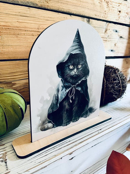 Black Cat Halloween Shelf Sitter | Witch Cat Wood Sign | Spooky Fall Decor | Gothic Cat Art | UV Printed Halloween Decoration