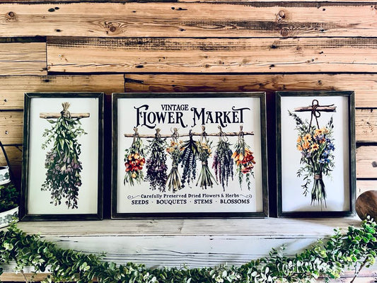 Vintage Flower Market Sign Set – Dried Floral Wall Art – Botanical Farmhouse Decor – Framed Herb Bouquet Prints – Kitchen or Garden Art