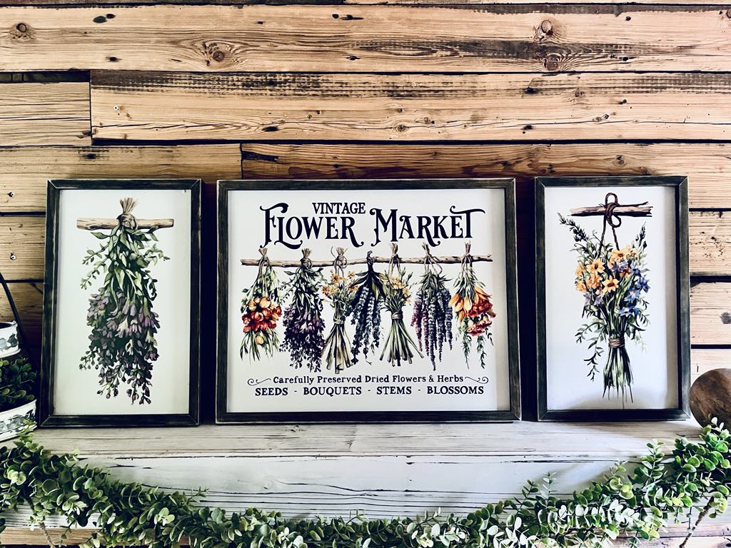 Vintage Flower Market Sign Set – Dried Floral Wall Art – Botanical Farmhouse Decor – Framed Herb Bouquet Prints – Kitchen or Garden Art