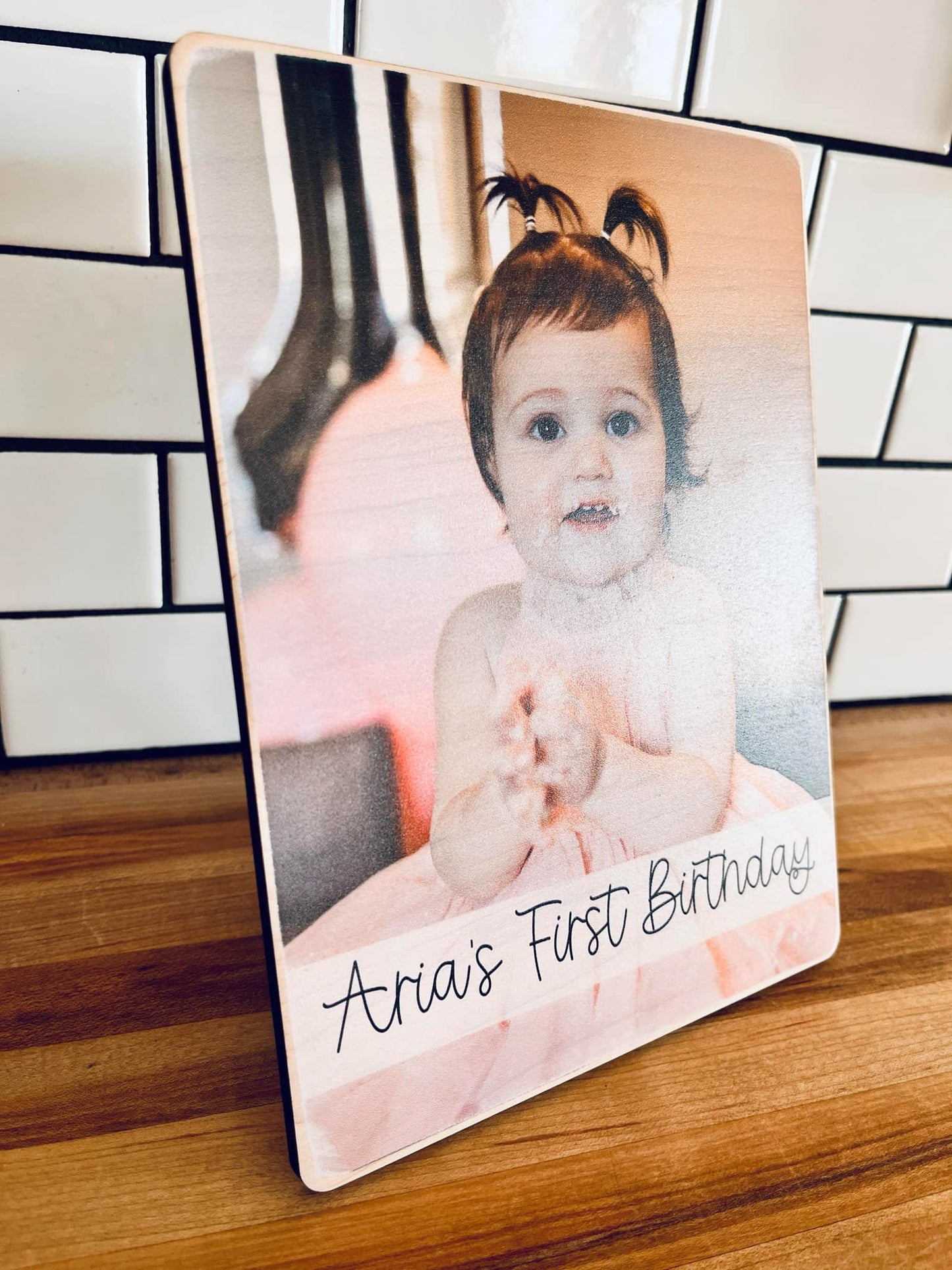 Custom First Birthday Photo Shelf Sitter | Personalized Baby Picture on Wood