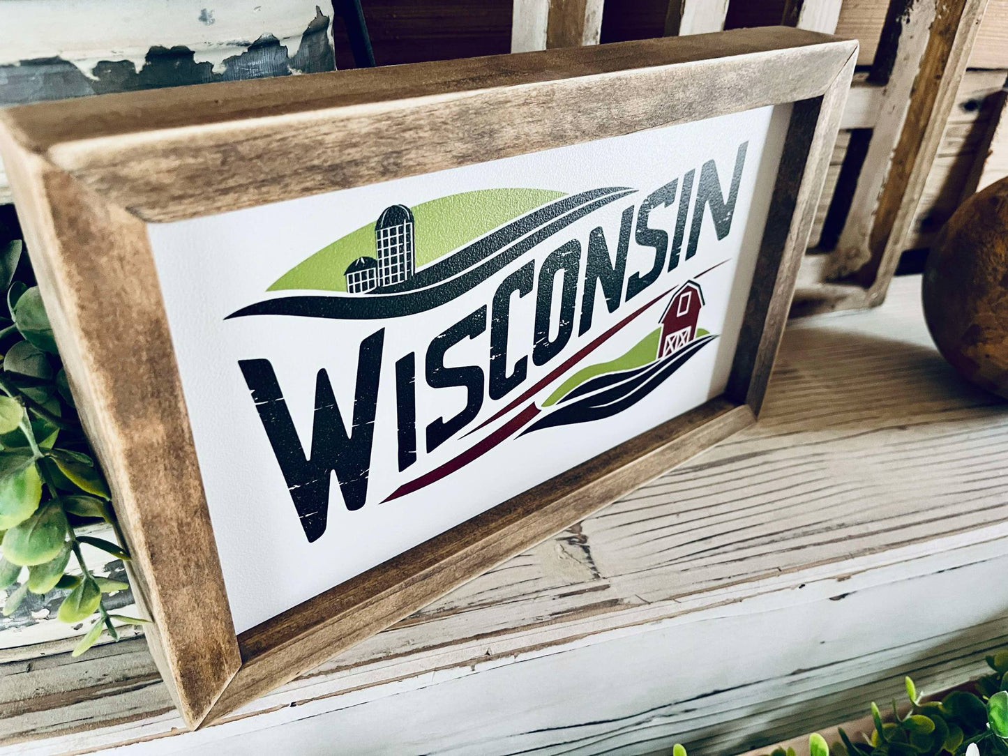 Wisconsin Farmhouse Wood Sign | Barn and Silo Wall Art | Framed Country Decor | Printed Wisconsin State Sign for Home or Gift