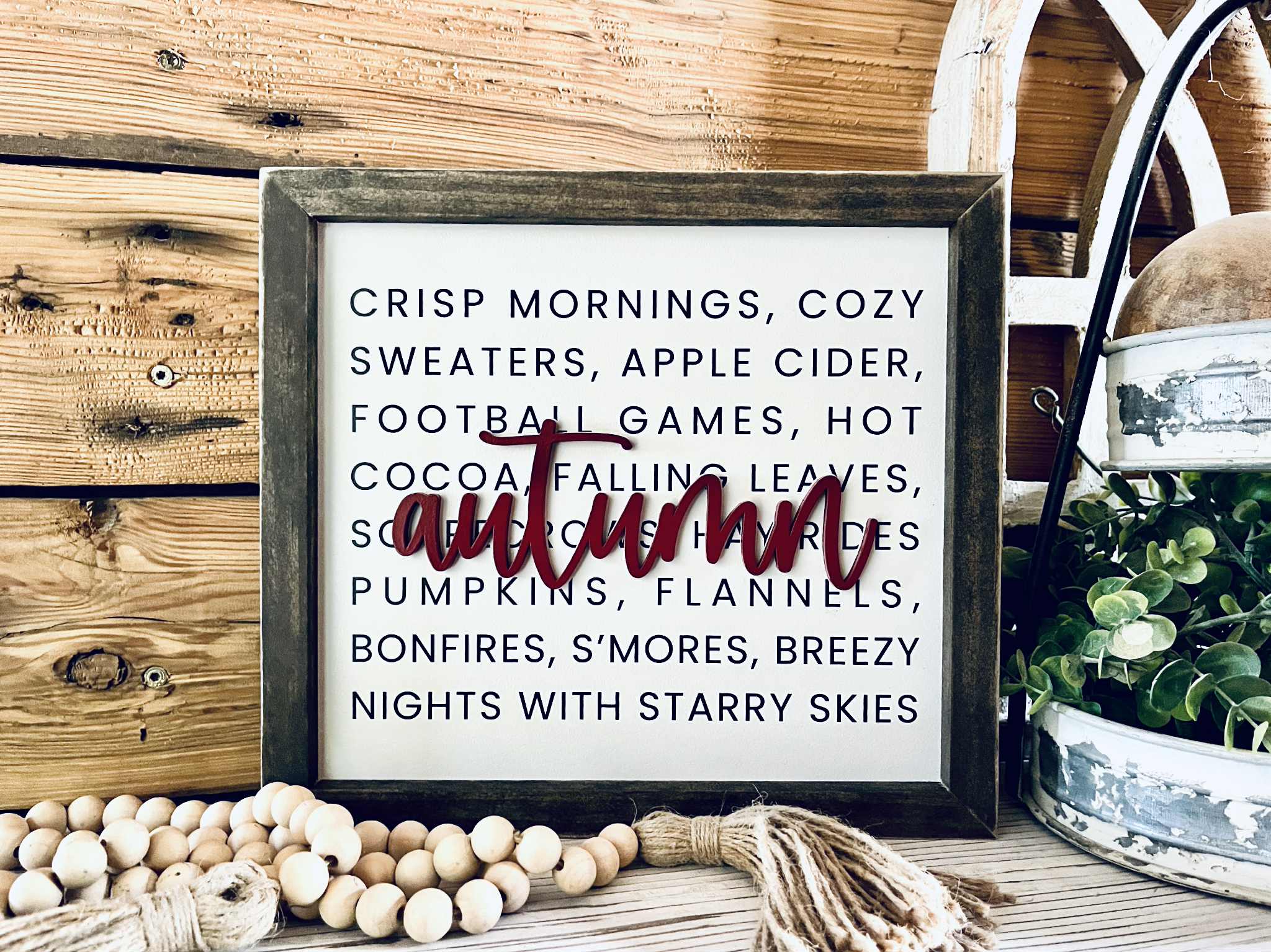 Autumn Farmhouse Sign – Raised Lettering Fall Décor with Cozy Word Collage