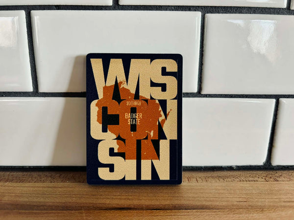 Handcrafted Wisconsin state-shaped wood magnet featuring a bold "Badger State" typography design in a modern farmhouse style.