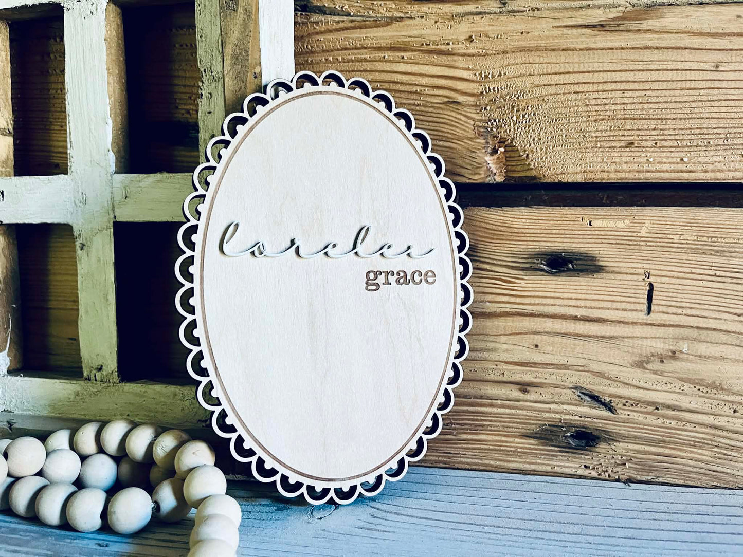 Scalloped Oval Newborn Name Sign - Custom Birth Announcement