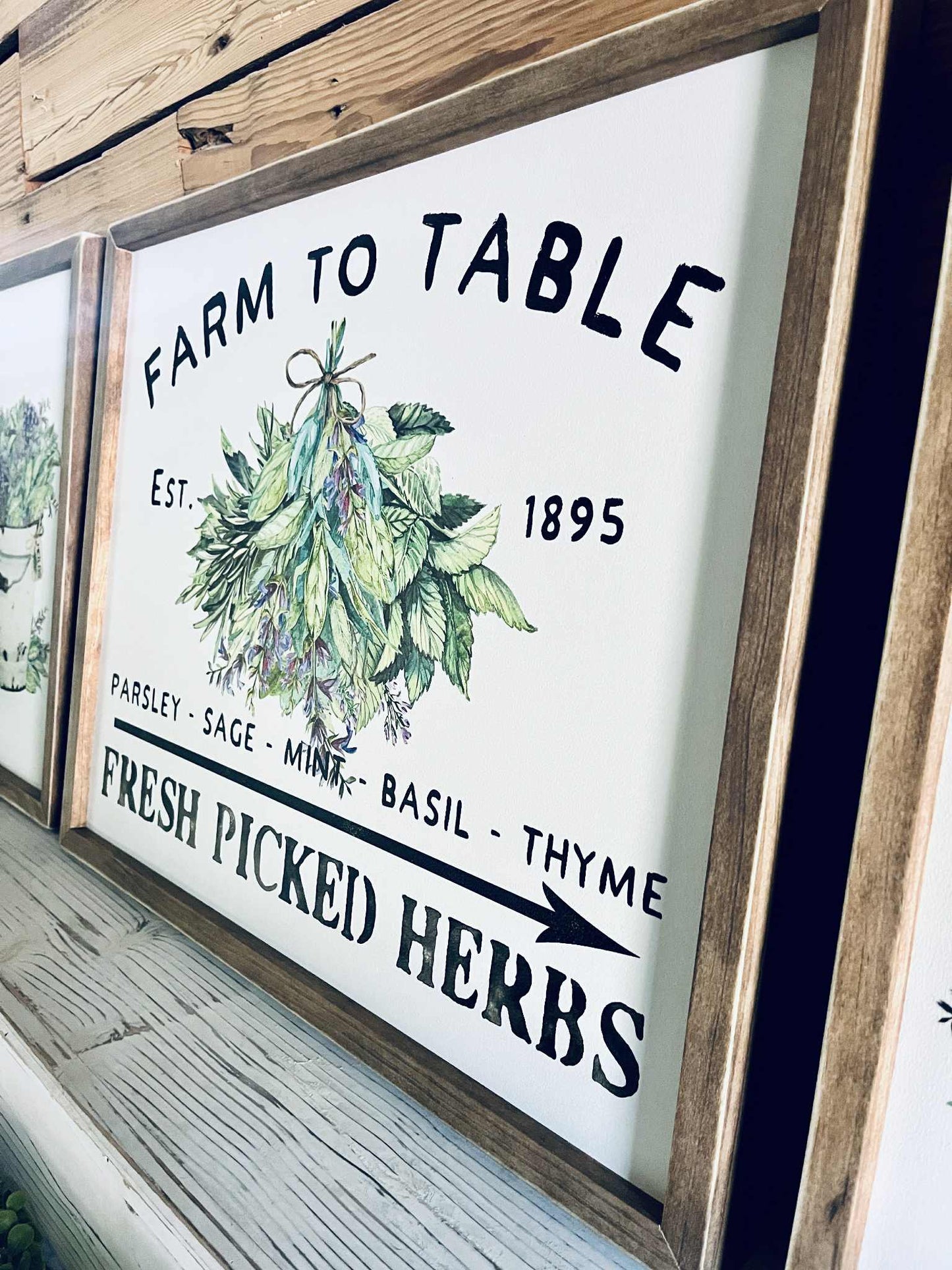 Farm to Table Herb Kitchen Sign Set – Framed Botanical Wall Art – Fresh Picked Herbs, Parsley Sage Mint Basil Thyme – Rustic Farmhouse Kitchen Decor