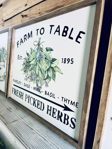 Farm to Table Herb Kitchen Sign Set – Framed Botanical Wall Art – Fresh Picked Herbs, Parsley Sage Mint Basil Thyme – Rustic Farmhouse Kitchen Decor
