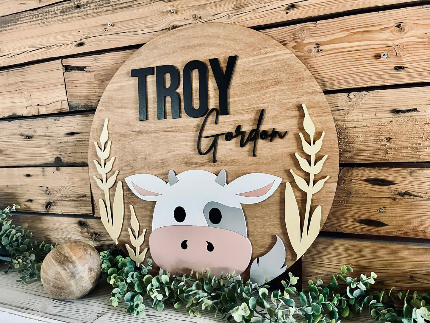 Personalized Cow Nursery Name Sign – Round Wood Wall Decor