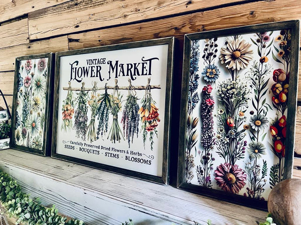 Vintage Flower Market Sign Set – Wildflower Wall Art – Botanical Framed Prints – Garden-Inspired Farmhouse Decor – UV Printed Wood Signs