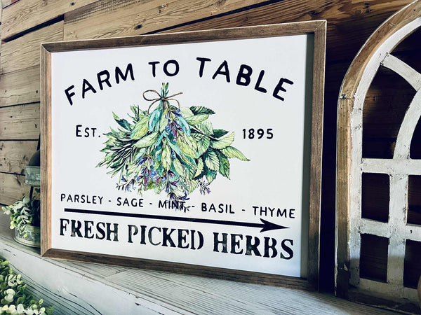 Farm to Table Herb Kitchen Sign Set – Framed Botanical Wall Art – Fresh Picked Herbs, Parsley Sage Mint Basil Thyme – Rustic Farmhouse Kitchen Decor
