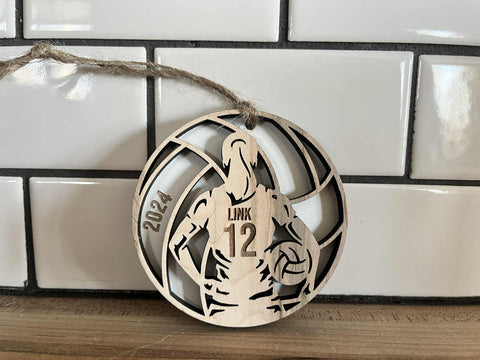 3-inch round maple and MDF volleyball ornament personalized with player name and number