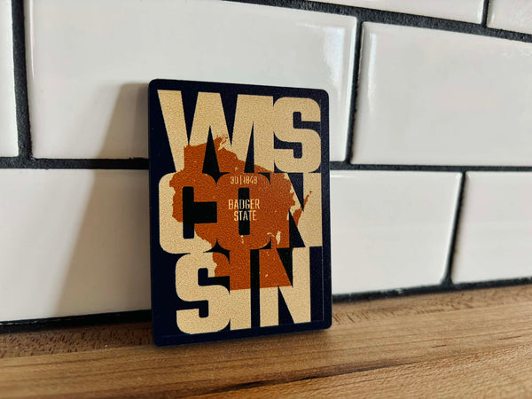Handcrafted Wisconsin state-shaped wood magnet featuring a bold "Badger State" typography design in a modern farmhouse style.