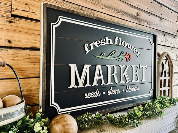 Flower Market Farmhouse Sign | Raised Lettering Farmhouse Sign with Shiplap