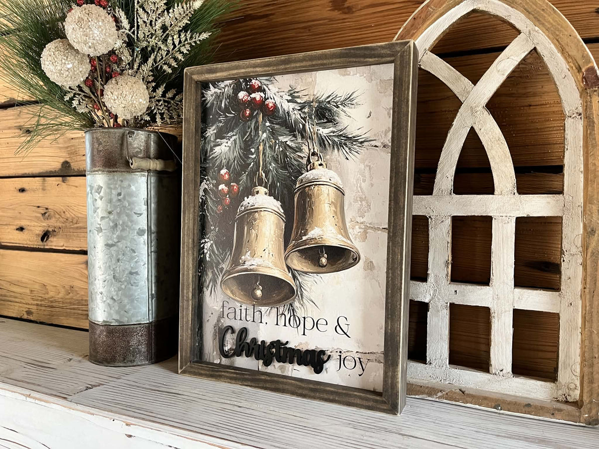 Faith, Hope & Christmas Joy Bells Sign | Rustic Christmas Wall Decor